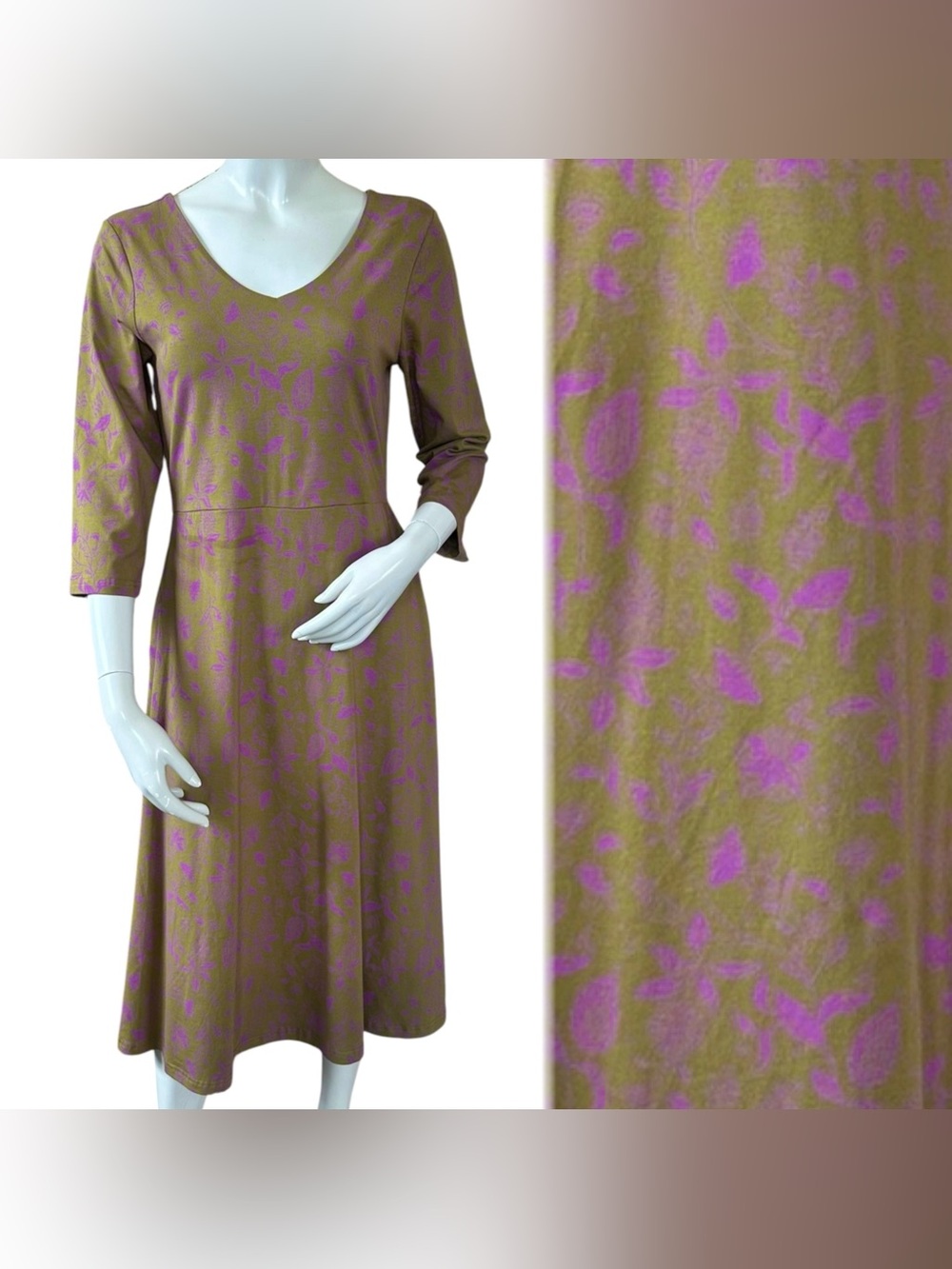 Pact Olive Green & Purple Organic Cotton 3/4 Sleeve Fit & Flare Midi Dress LRG